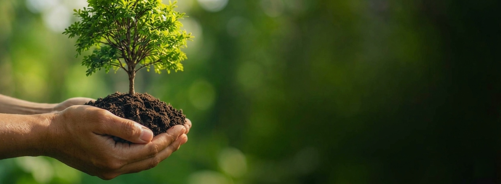 Mãos segurando terra com uma muda de árvore